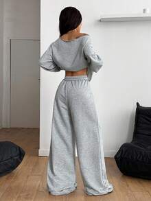 Coolane 女士秋冬四季街头服饰外出露肩长袖灰色运动衫和松紧腰带高腰灰色裤子两件套服装 - 灰色 - 查看 7