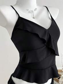 Elamini Blusa Sin Mangas De Mujer Con Dobladillo De Volantes Y Color Sólido