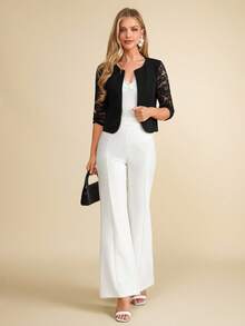 Amorya Women's Sleeve Lace Patchwork Open Front Blazer Jacket In Fall/Winter Spring Casual Wearable Blouse Short Sleeve Shirt Summer Outfits For Women Teacher Outfits For Women White Shirts Country Outfits Women Summer Clothes Women Work Outfits For Women Classy Top Business Casual Tops Woman Office Tops Women Chic Top Summer Work Top Sleeveless Top Women Office Tops Structured Top - Black - View 5