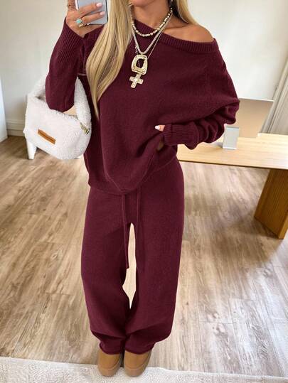 SHEIN EZwear Women's Casual Solid Color Oblique Shoulder Loose Knit Sweater And Pants Set, Autumn/Winter,Cozy Fall And Winter Clothes For Women Cozy Two Piece Set Two Piece Set Women Comfy Long Sleeve Two Piece Set Two Piece Lounge Set Comfortable Two Piece Set Womens Two Piece Set