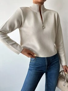 Half Zip Ribbed Knit Sweater - White - View 4