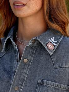 WESTFADE Collared Snap Button Front Western Seamed Relaxed 93% Cotton Denim Shirt Coat Shacket Fall, Autumn, Winter, Nashville Concert, Casual, Cute, Boho, Western Wear For Women - Medium Wash - View 5