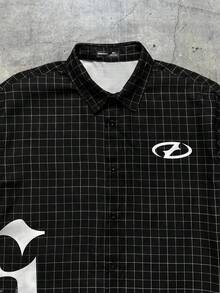 AXEPEAK 男士超大字母格子短袖梭织衬衫，街头风版 - 黑色 - 查看 5