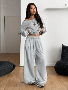 Coolane 女士秋冬四季街头服饰外出露肩长袖灰色运动衫和松紧腰带高腰灰色裤子两件套服装 - 灰色 - 查看 6