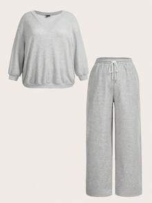 SHEIN CURVE+ 2 件套女士加大码 V 领运动衫和裤子，休闲加大码蓬松羊毛弹力宽松运动衫和运动裤套装，秋冬 - 灰色 - 查看 5