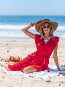 Sylviya Solid Ruffle Trim Belted Wrap Dress - Red - View 5