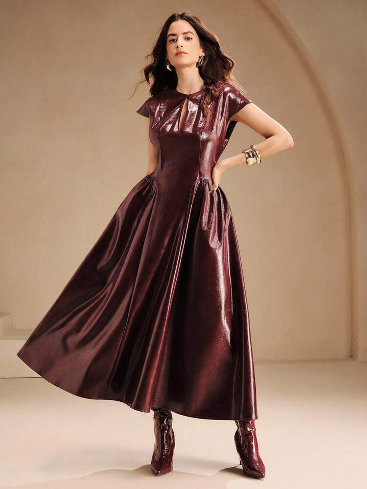 Fashionable Casual Deep V Dropped Shoulder PU Wine Red Women's Christmas, New Year Party Dress