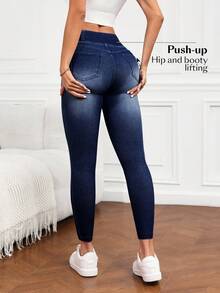 Flexra 女式休闲水洗高腰修身牛仔裤 - 深色水洗藍 - 查看 2