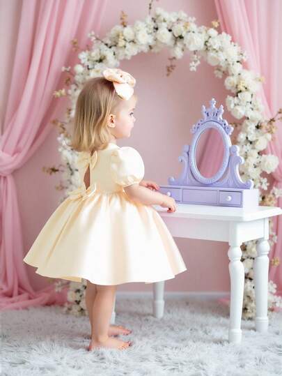 Baby Girl Elegant White Satin Bow Decor Princess Dress