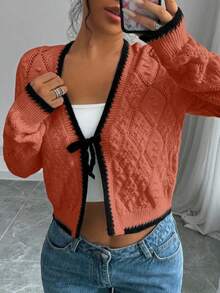 Selianne French Casual Versatile Diamond Textured Long Sleeve Pullover Knit - Red - View 4