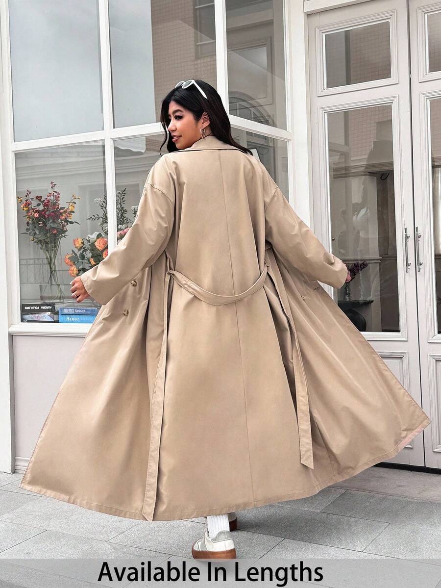 SHEIN Tall CURVE Cappotto lungo casual con maniche lunghe da donna taglia grande colore cachi, abbigliamento casual da donna per l'autunno e l'inverno - Cachi - Visualizzare 1