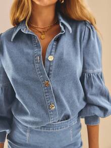 Aralina Indigo Denim Puff Sleeve Button Up Casual Western Blouse - Light Wash - View 1