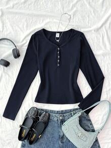 SHEIN Teen Girls Tops Tight-Fitting, Fashionable, Basic Button-Detailed Long-Sleeved Girls' Casual T-Shirt, Back To School, Simple T-Shirt, Elastic And Soft Fabric With Ribbed Texture Long Sleeve Tops Tight Fitted Tops Navy Blue Tops Tight Tops Fitted Tops Fall Winter Tight Shirts - Navy Blue - View 7
