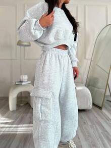 INAWLY Women Floral Gray Solid Color Crew Neck Long Sleeve Cropped Sweatshirt & Elastic Waist Pocketed Jogger Pants 2 Pieces Set