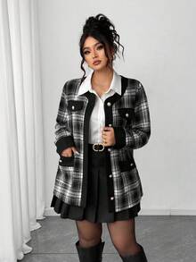 Elenzga Gothic Academia Check Detail Halloween Plus Size Coats Fall Winter Autumn - Black and White - View 2