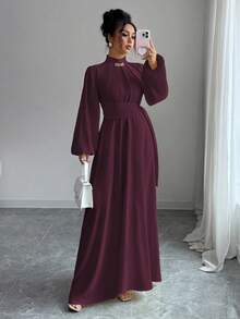 Elenzga Váy midi thanh lịch thường ngày dành cho nữ, phong cách lãng mạn kiểu Sicily của Pháp, màu vàng nhạt trơn, cổ đứng, tay áo xếp ly, dây buộc eo, cạp chun sau, trang trí giả kim loại, thích hợp khi đi làm, đi nghỉ, tiệc trà chiều, tiệc tùng - Màu Tím - Xem 6