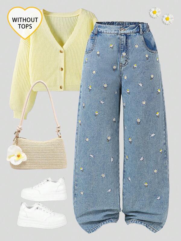 Sparklyn Jeans rectos con pierna casual para niñas con bordados y efecto desgastado