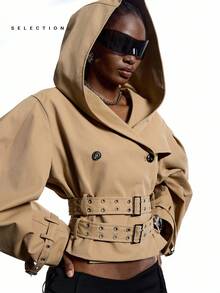 LYSMO SELECTION  2025 New Arrive Minimalism Fall Women Clothes Cargo Solid Color Fashion Exaggerated Design Oversize Hat Long Sleeve Jacket Bomber Jacket Halloween Clothes Women Business Casual Woman Back To School, Homecoming, 2000s Style, Y2K Clothes Women, Streetwear,For Going Out Outfits Gothic Clothes Poncho - Khaki - View 3