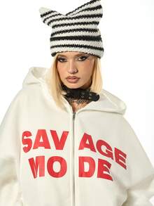 SUMWON WOMEN 醒目文字印花拉链连帽衫，带抽绳和前袋，休闲街头风卫衣 - 白色 - 查看 6