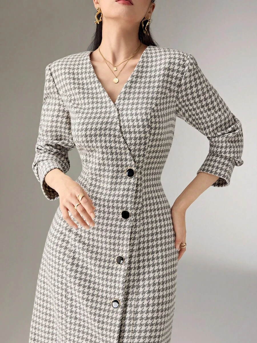 Heiryn Women's Elegant Commuter Houndstooth Front Button Long Dress - Grey - View 1