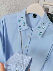 Modelyn Women's Rhinestone Decor Striped Long Sleeve Single-Breasted Casual Shirt - Blue - View 1