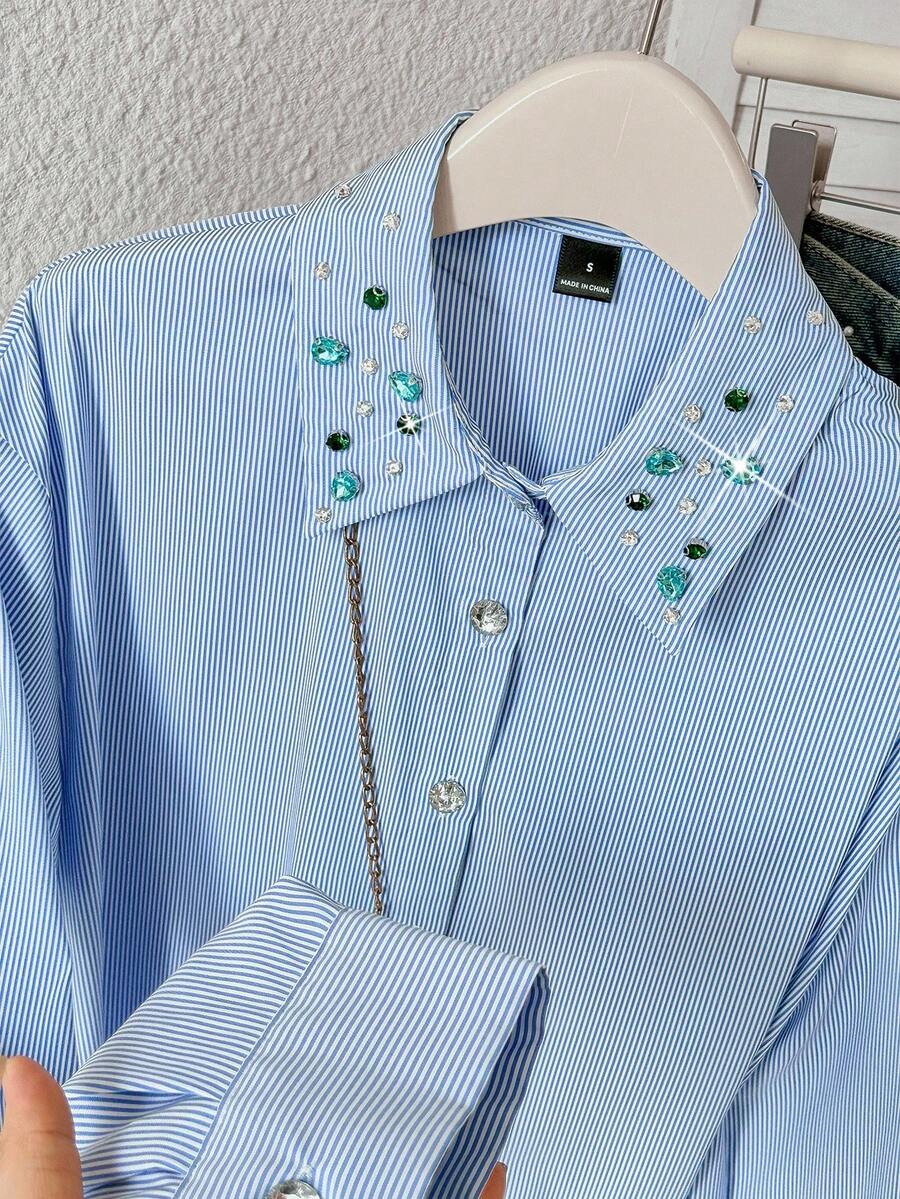 Modelyn Women's Rhinestone Decor Striped Long Sleeve Single-Breasted Casual Shirt - Blue - View 1
