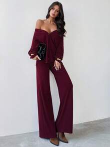 Firerie Ensemble de pull-cardigan bordeaux et pantalon large à taille élastique pour femmes, costume en fausse fourrure tricotée, tenue minimaliste de base, convenant pour le printemps, l'automne et l'hiver, élégant, pour le trajet, décontracté, quotidien, tenue de travail, tenue pour enseignantes