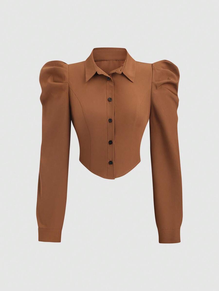 Sweetra Solid Color Gigot Sleeve Asymmetric Hem Button Front Fitted Long Sleeve Shirt - Brown - View 1