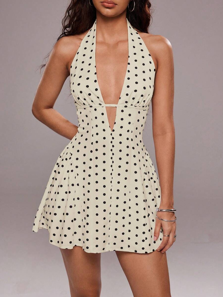 TRNVIE Women's Sexy Polka Dot Print Deep V-Neck Backless Mini Dress, Vacation Style, Summer - Apricot - View 1