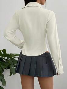 Flirla Áo sơ mi nữ màu trơn đơn giản, đa năng, thắt eo - Kem - Xem 2