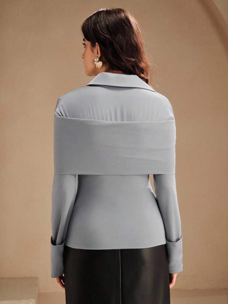 Women's Elegant Autumn Top, Grey Knit & Satin Patchwork Long Sleeve Collared Fitted T-Shirt