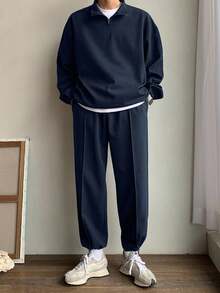 DAZY 男士纯色海军蓝半拉链套头衫套装（秋冬） - 藏蓝色 - 查看 6