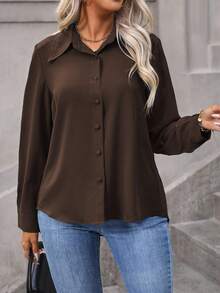 Vionelle Plus Size Women's Elegant Solid Brown Button Down Blouse,Autumn Everyday Long Sleeve Single-Breasted Casual Work Shirt,Coffee Chocolate Brown Top - Chocolate Brown - View 4