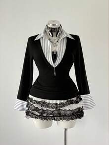 Sunspun 秋冬大码拼接二合一休闲T恤 - 黑色 - 查看 3