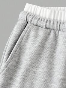 SHEIN 青少年女孩宽松休闲撞色边简约舒适中腰阔腿裤 - 淺灰色 - 查看 4