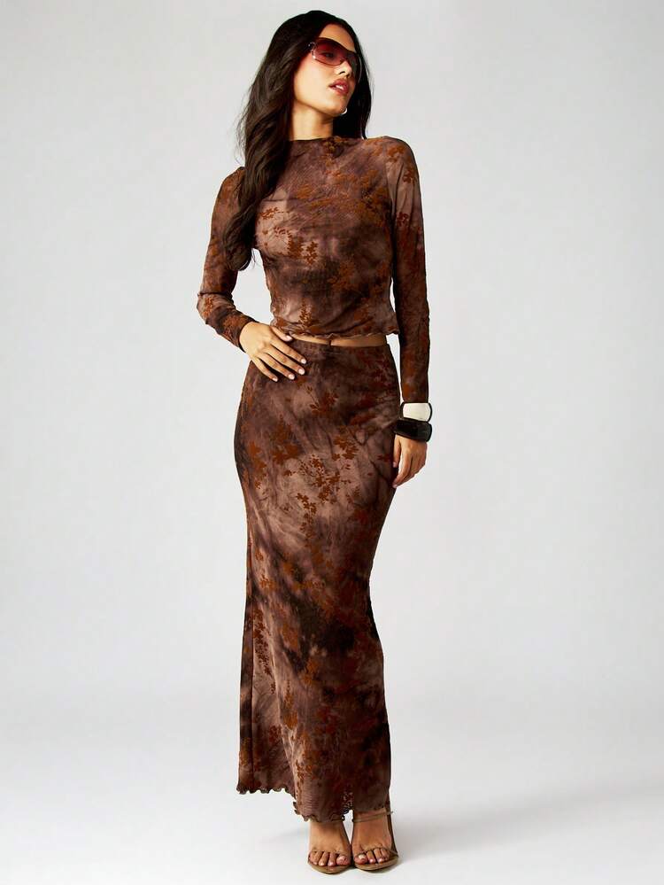 MISSGUIDED Floral Brown Tie Dye Mesh Long Sleeve Crop Top High Rise Maxi Skirt Two Piece Lounge Festival Fall Coordinate Set