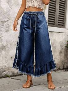 EMERY ROSE Plus Size Women Casual Frayed Hem Jeans, All Season - Dark Wash - View 4