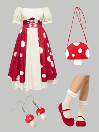 ROMWE Avant Plus Size Women's Off-Shoulder Polka Dot Print Costume Outfit