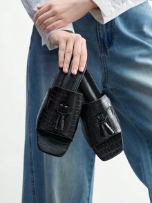 CUCCOO BIZCHIC Women's Fashion Versatile Tassel Black Flat Slide Sandals, Comfortable Lightweight Slip-On Flat Sandals