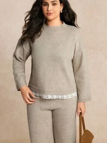EMERY ROSE 2pcs Plus Size Solid Color Crew Neck Long Sleeve Sweater And Pants Set, Casual Knit Suit - Khaki - View 4