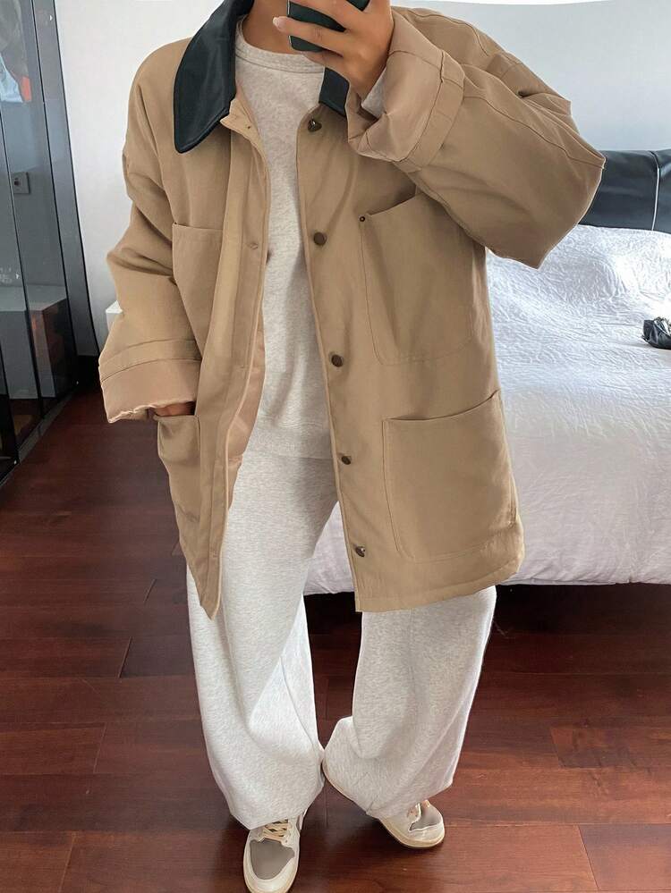Women's Contrast Color Lapel Drop Shoulder Long Sleeve Single-Breasted Multi-Pocket Casual Loose Winter Jacket Women Coats