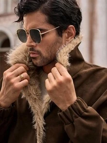 HIMLAND Men's Fleece Casual Drop Shoulder Faux Fur Patchwork Jacket Earthy Plus Fur Men Fur Coat Winter