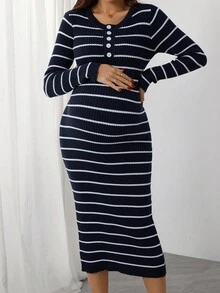SHEIN Maternity Contrast Color Striped Long Sleeve Sweater Dress - Navy Blue - View 7