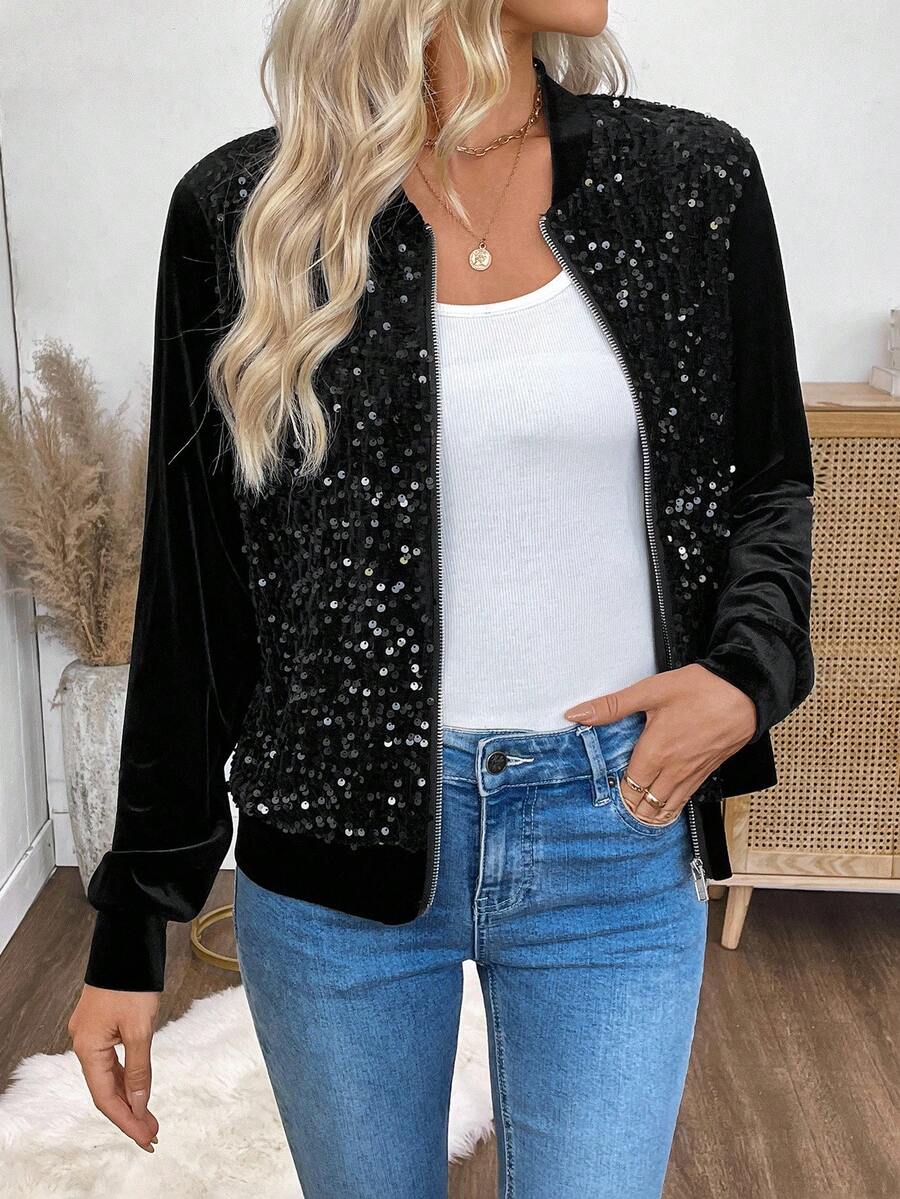EMERY ROSE Women's Fashionable Commuter Sequin Patchwork Jacket In Fall/Winter,Cozy Fall And Winter Clothes For Women - Black - View 1