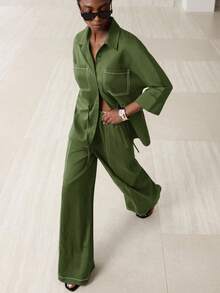 Aveloria Modichic Summer New Women's Cinched Waist Design Lapel 3/4 Sleeve Loose Casual Jumpsuit, Tie-Waist Commuter Style Two Pieces Set