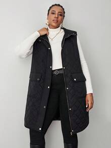 SHEIN Tall CURVE Große Größen Geometrisch gesteppter Stehkragen Reißverschluss-Vier-Knopf Patchentasche Wattierte Jacke für Herbst und Winter für Frauen - marineblau - Übersicht 5