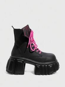 Daringsoles Giày bốt nữ thời trang, đa năng, thoải mái, đế dày, giúp tăng chiều cao, gót chunky, kiểu dáng đường phố, chống trượt, phong cách Anh, buộc dây, đính đinh tán. - màu đen - Xem 2