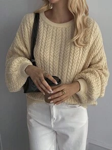 Livesso Women's Casual Everyday Commute Simple Solid Color Round Neck Dropped Shoulder Loose Cable Knit Sweater, Autumn/Winter - Khaki - View 2