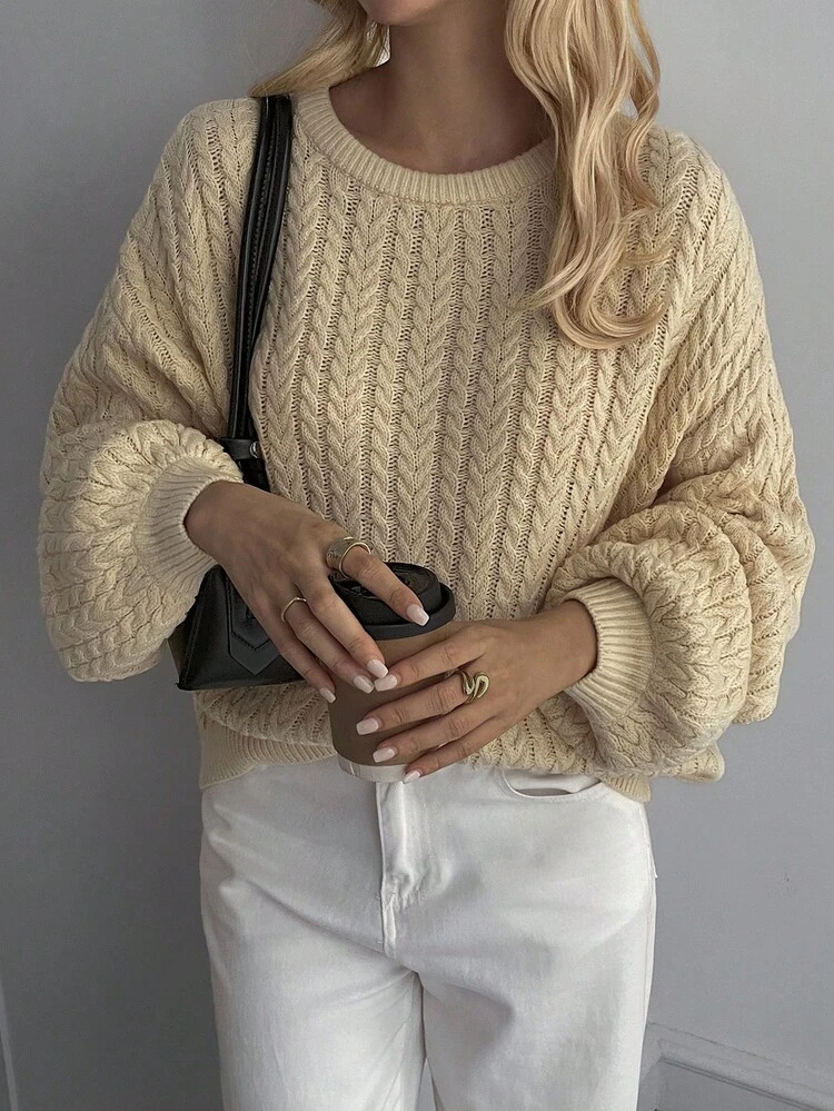 Women's Casual Everyday Commute Simple Solid Color Round Neck Dropped Shoulder Loose Cable Knit Sweater, Autumn/Winter