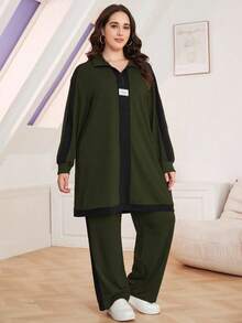 Lacomfia 2pcs Plus Size Casual Color Block Stand Collar Loose Top And Pants Set, Autumn 2 Pieces Set - Army Green - View 4